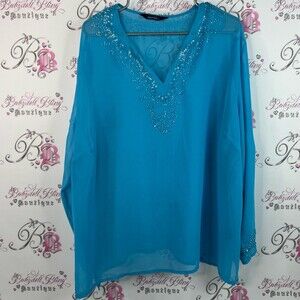 Penningtons long sleeve beaded sequin embroidered Teal Embellished Blouse